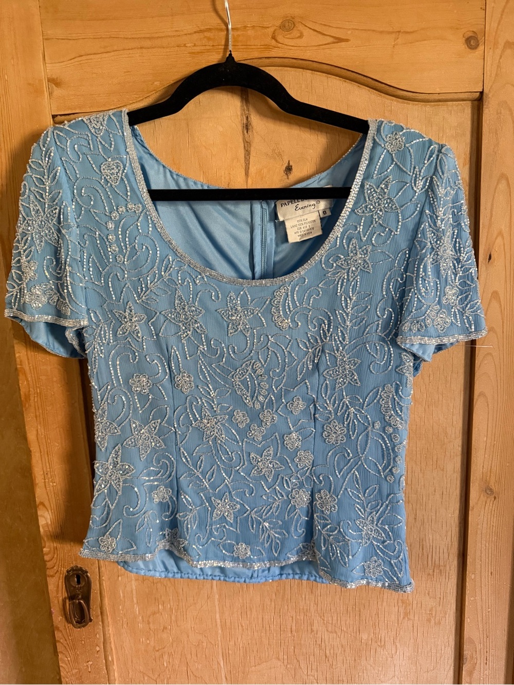 Papell Boutique Light Blue Embellished Scoop Neck Top